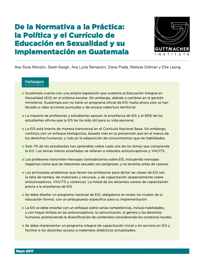 Portada de De la Normativa a la práctica. La política y el Currículo de Educación en Sexualidad y su Implementación en Guatemala.