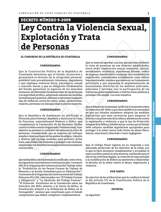 Portada de Ley contra la Violencia Sexual, Explotación y Trata de Personas en Guatemala (decreto 9-2009).