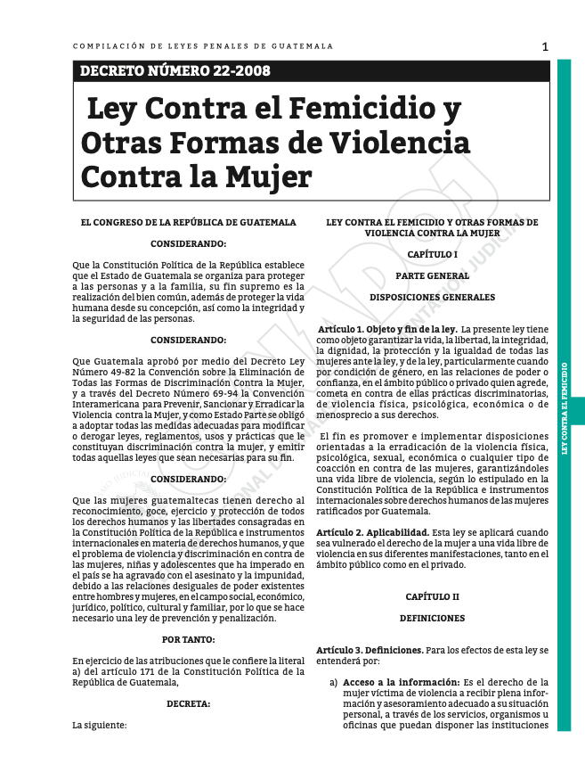 Portada de Ley contra el Femicidio y otras formas de Violencia contra la Mujer en Guatemala (decreto 22-2008).